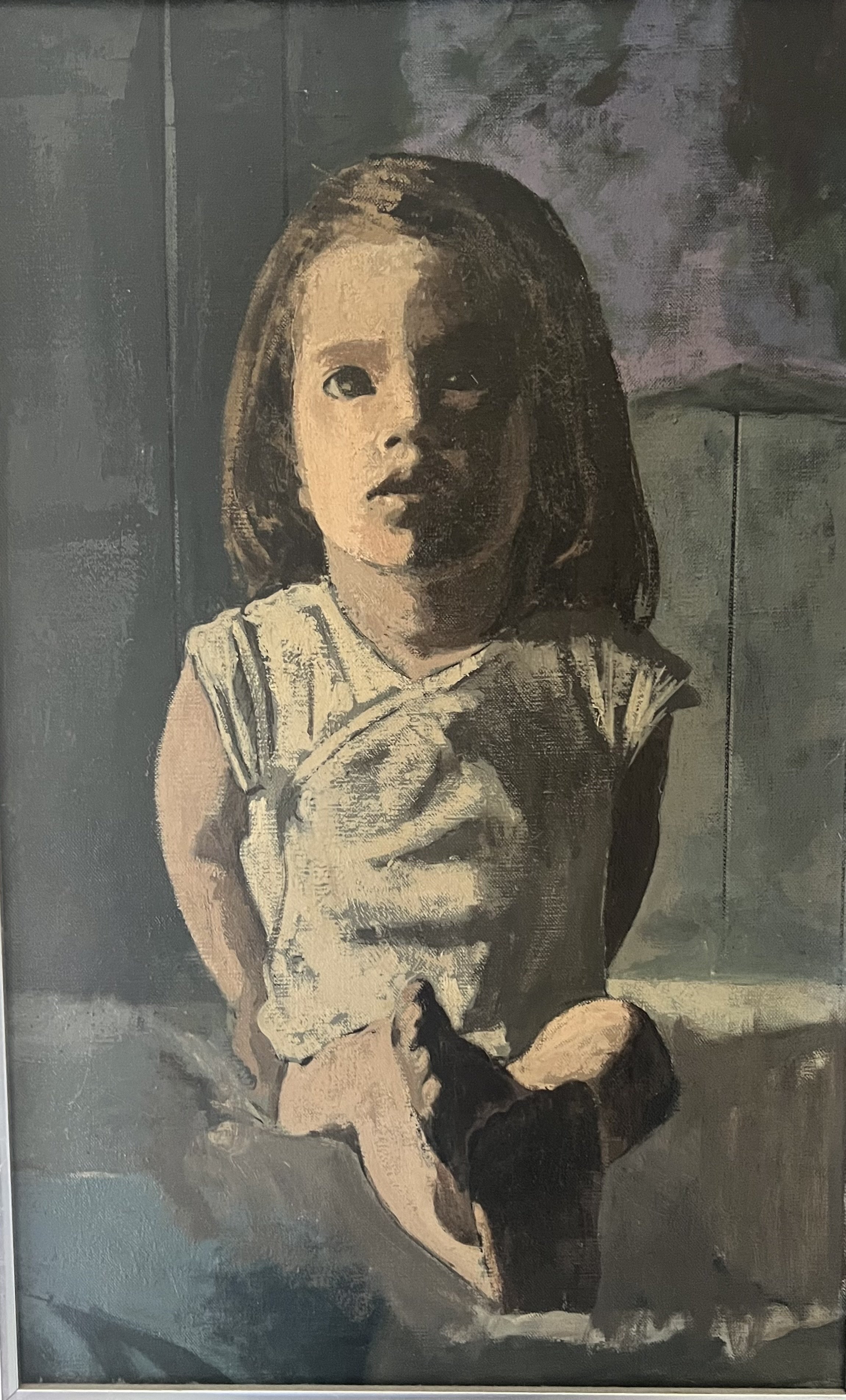 Thomas Yerxa painting of a young girl with brown hair, wearing a beige dress, standing against a gray background.