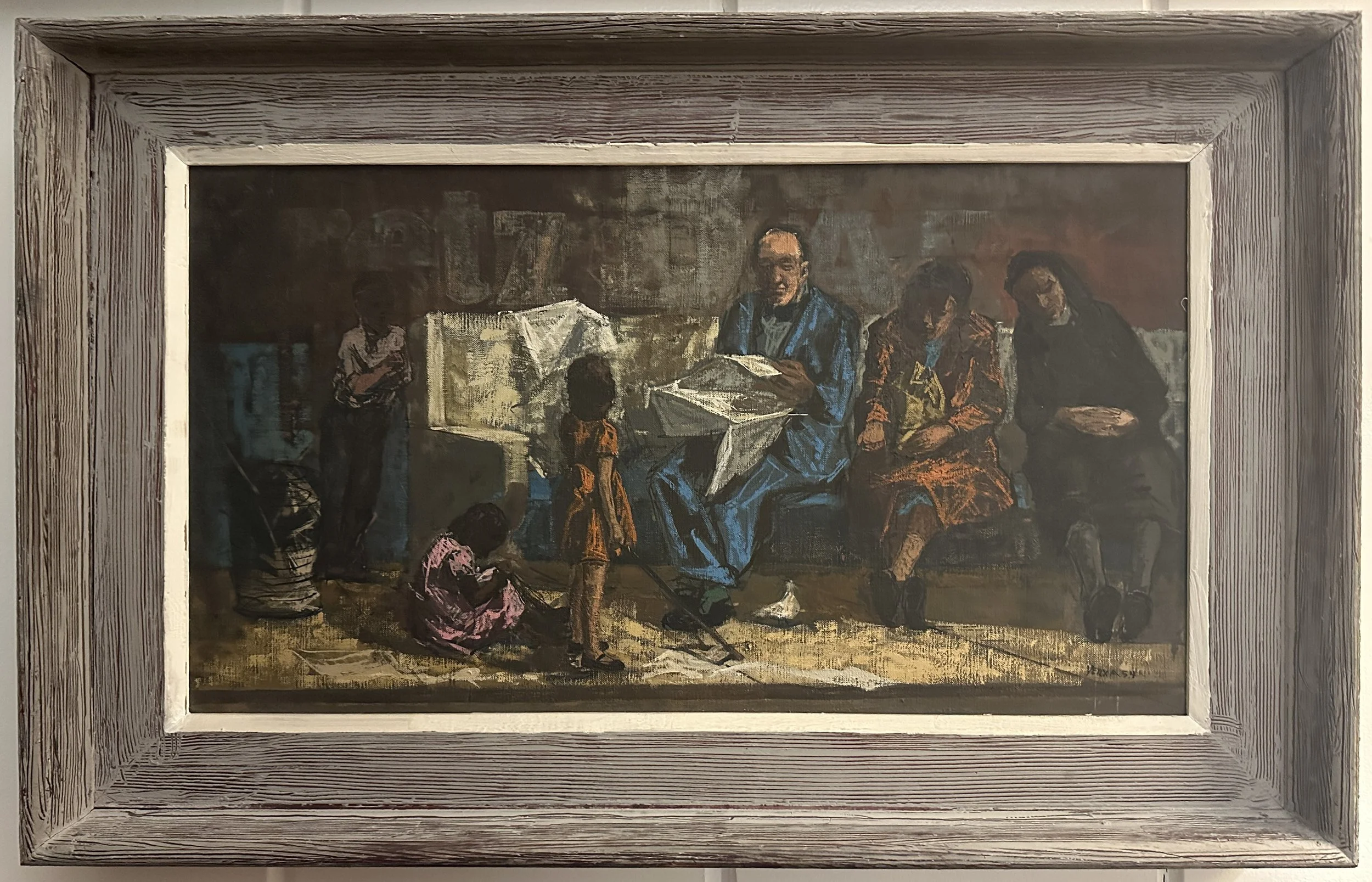 scene with six individuals. One man, dressed in blue, sits on a bench reading a book. To his right, a woman in an orange dress and a girl in pink are seated. To his left, a woman in dark clothing is seated with her hands folded in her lap. Four child