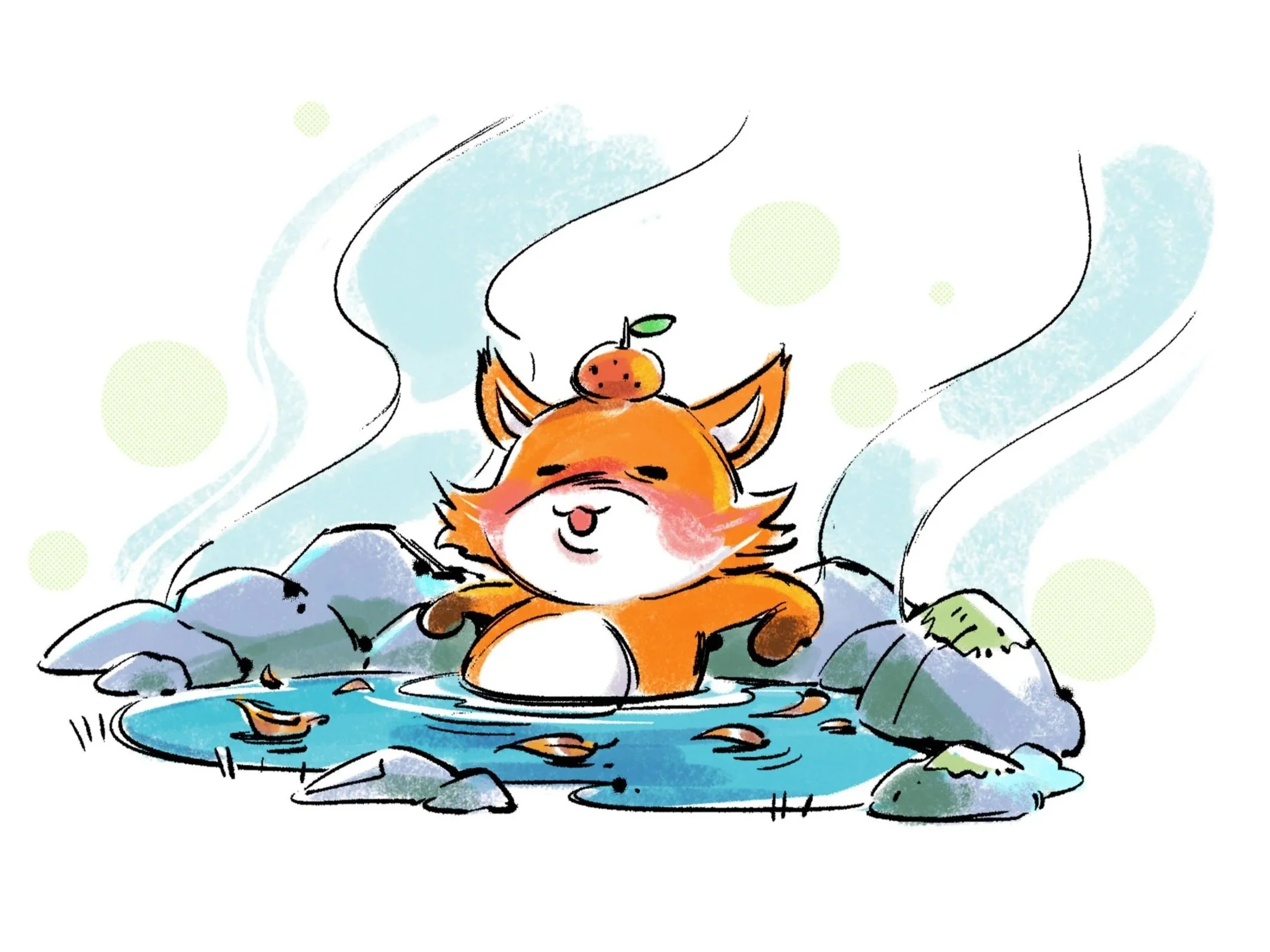 Our mascot Kippu, the orange fox, relaxing in the onsen. If you travel to Japan with PacSet, you will probably get the chance to do this.