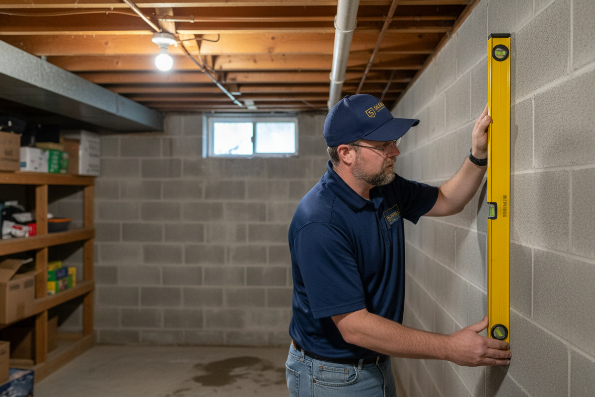 Man in a blue uniform and cap using a yellow level on a gray cinder block wall in a basement or storage area.