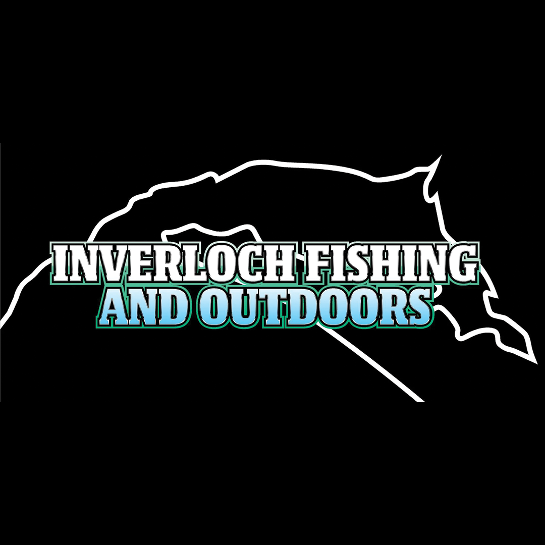 Logo with a neon outline of a fish and the text 'Inverloch Fishing and Outdoors' in bold, capital letters, with 'Inverloch' in white and 'Fishing and Outdoors' in blue and turquoise.