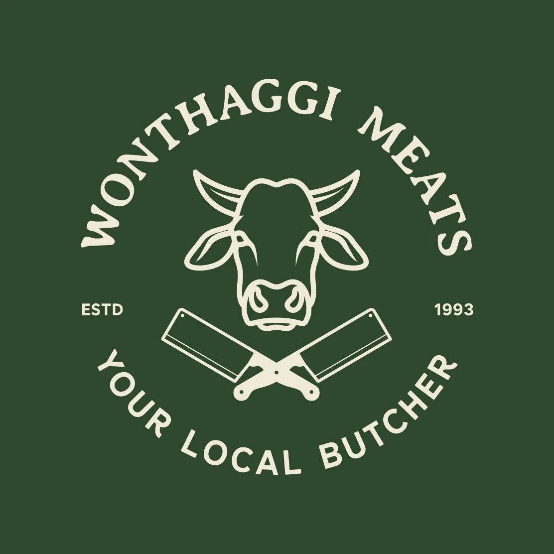 Logo for Wonthaggi Meats featuring a cow's face and two crossed meat cleavers on a dark green background.