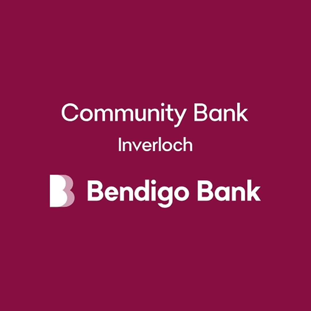 Logo and name of Bendigo Bank and Community Bank Inverloch on a maroon background.