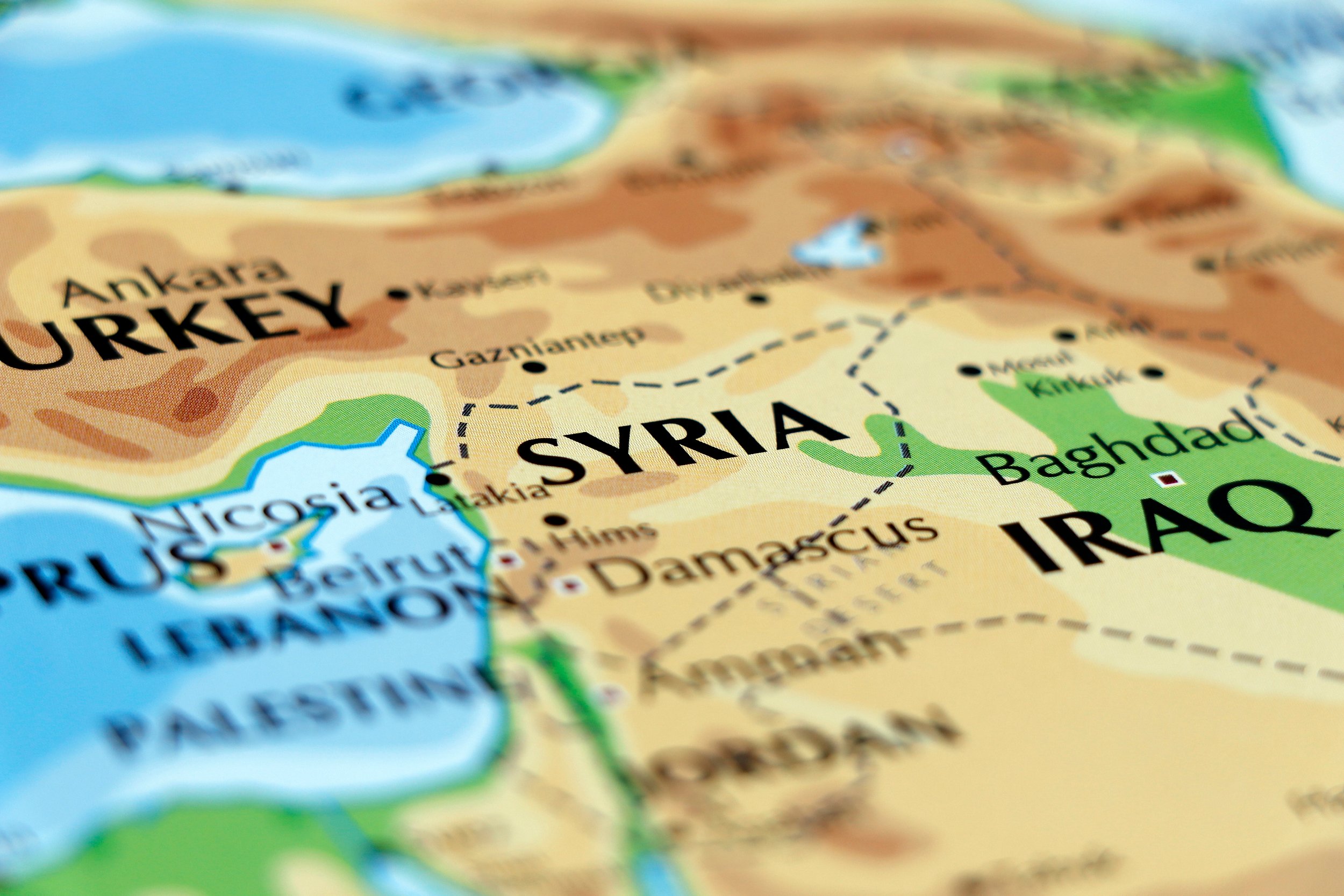 Close-up of a map showing parts of Turkey, Syria, Iraq, and surrounding areas.