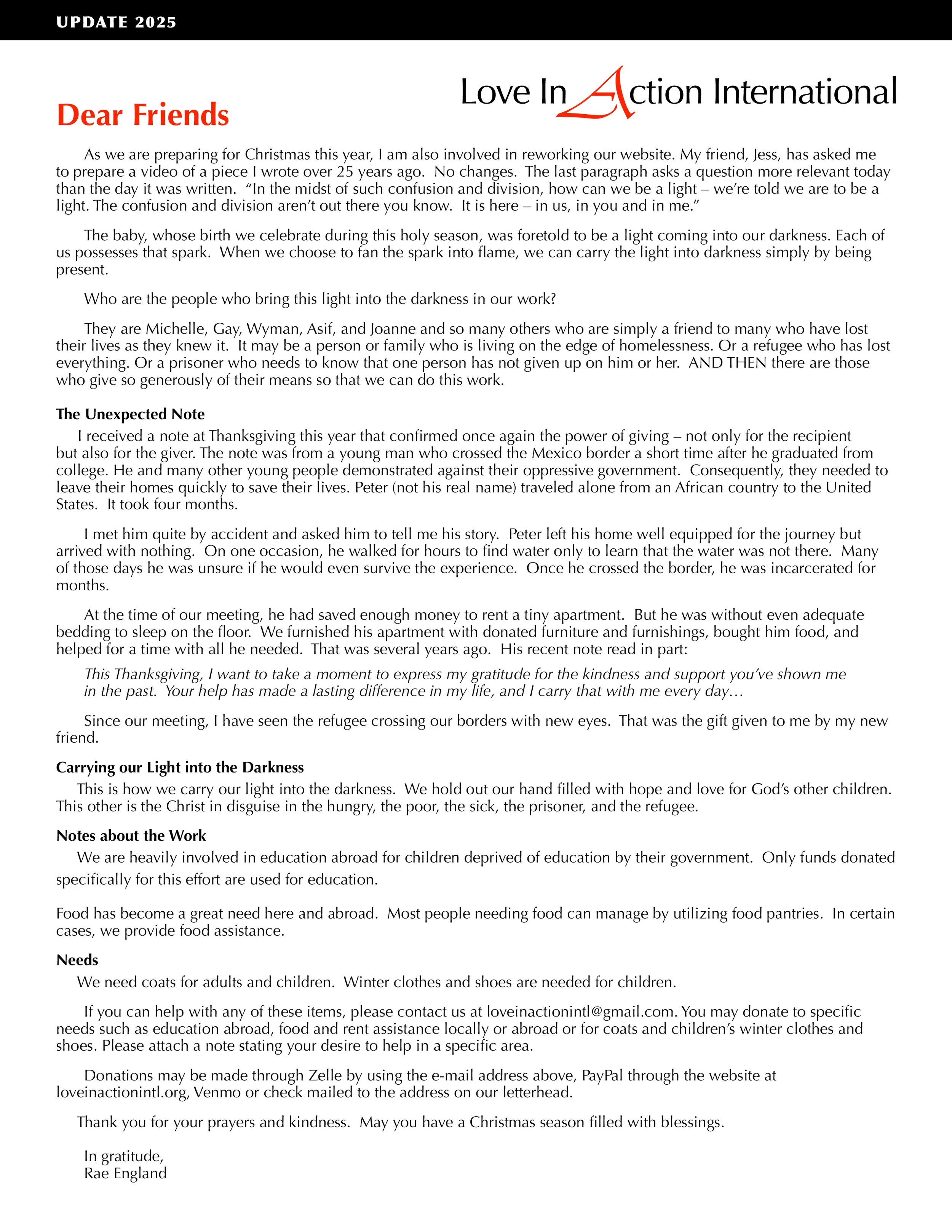 Love in Action International's 2025 Annual Newsletter discussing preparations for Christmas, spiritual reflections, outreach for refugees, education abroad, and donations, signed by Rae England.