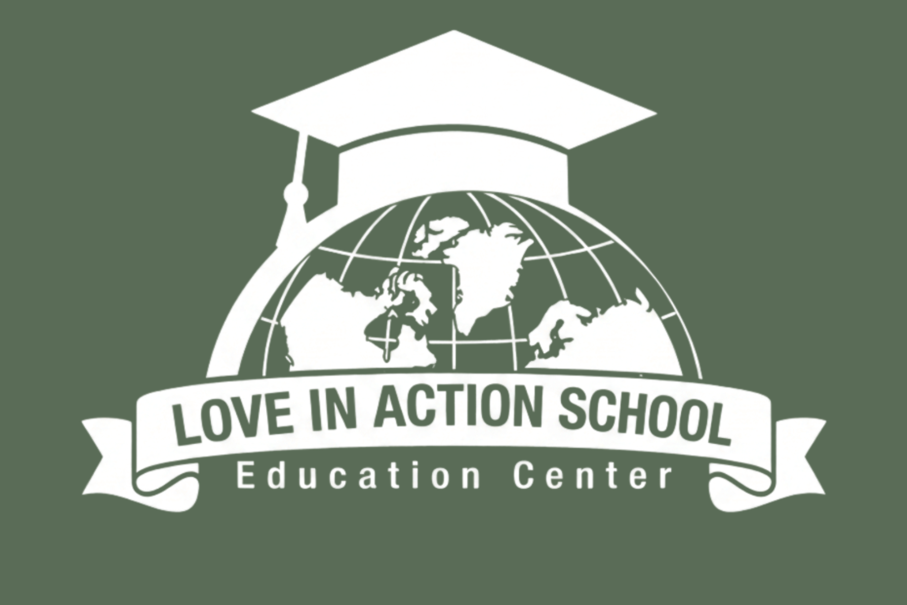 Logo for the Love in Action School featuring a globe topped with a graduation cap, and the text 'Love in Action School' and 'Education Center'.