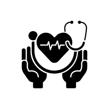 Icon of two hands holding a heart with a heartbeat line and a stethoscope.