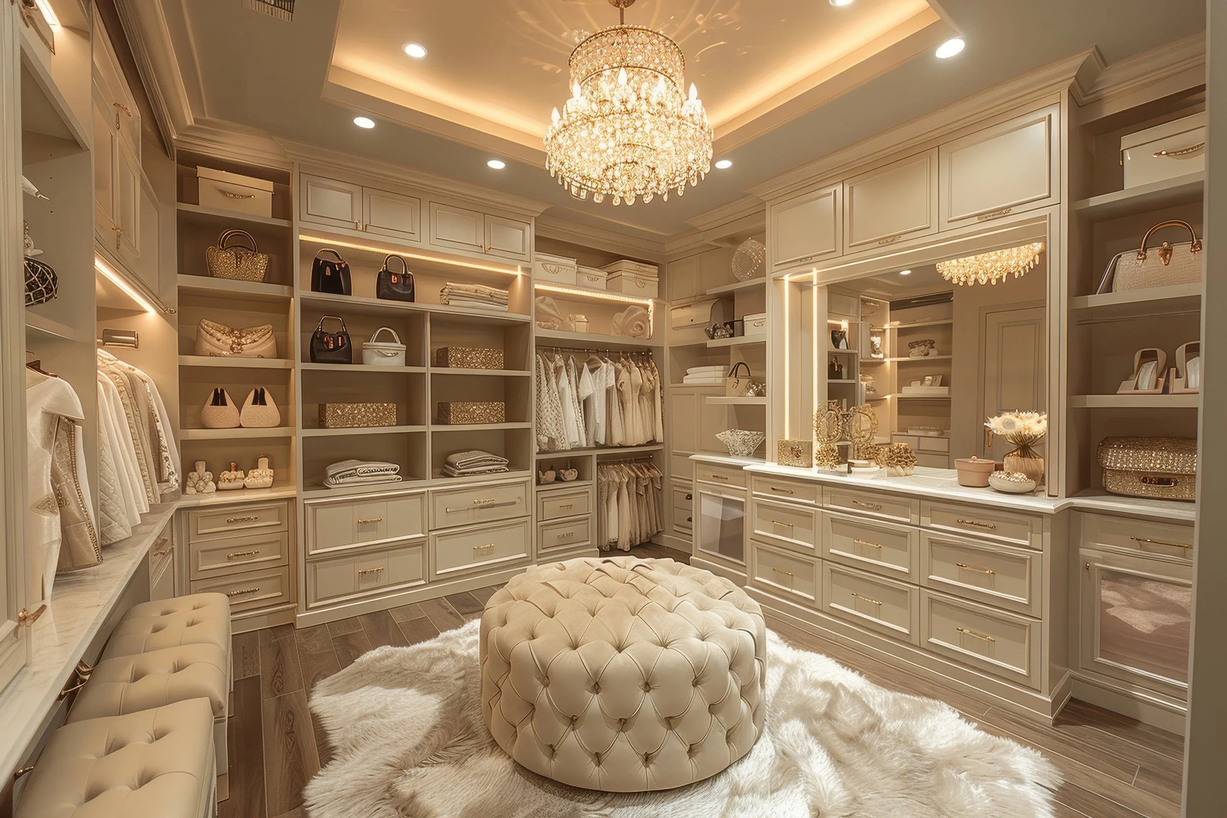 Luxurious walk-in closet with beige cabinetry, open shelving, hanging space, and decorative items. A large chandelier hangs from the ceiling, illuminating the space. A plush oval tufted ottoman is on a white furry rug in the center of the room.
