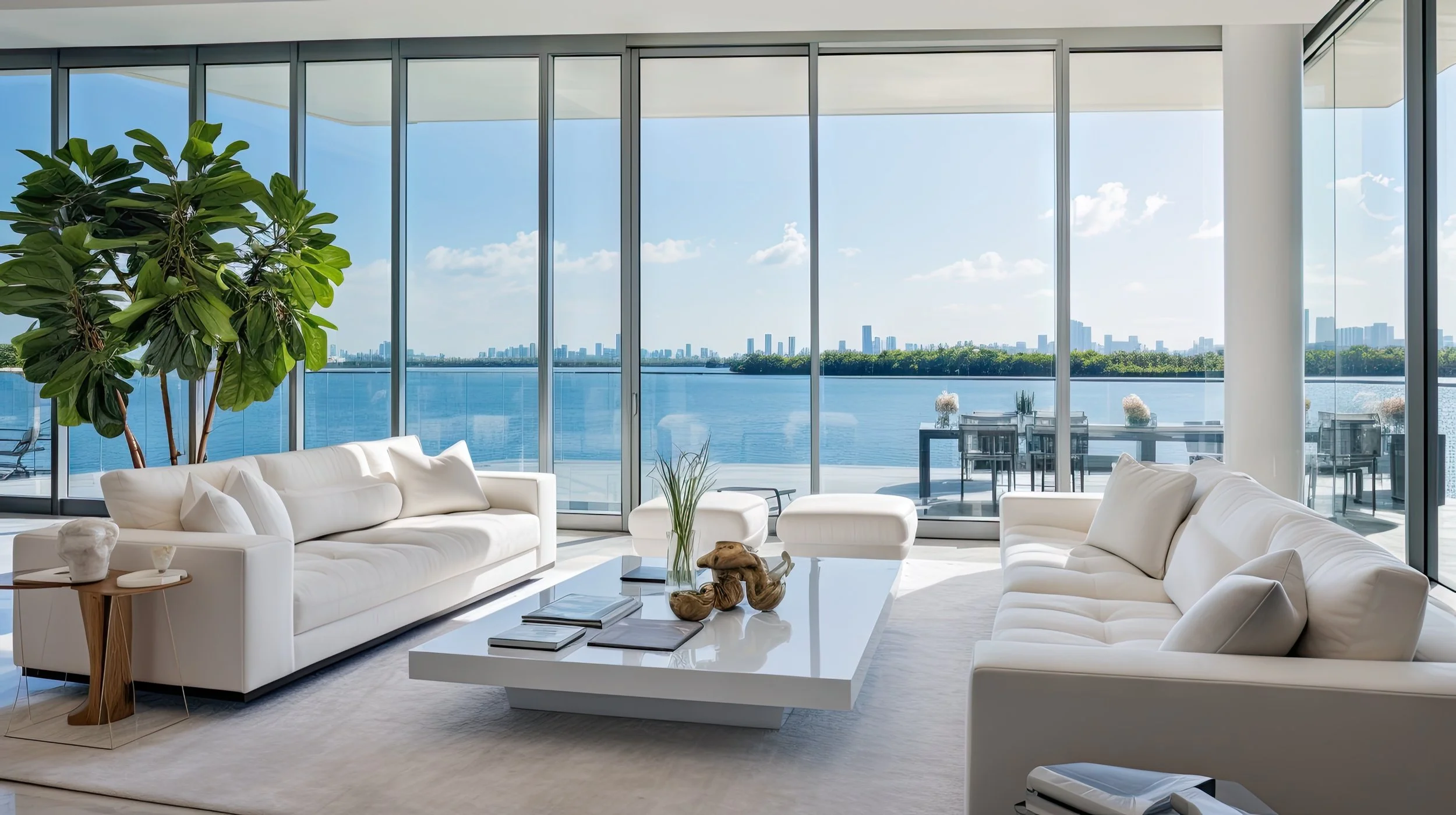 Modern living room with white sofas, glass walls overlooking water and city skyline, indoor plants, and minimalist decor.
