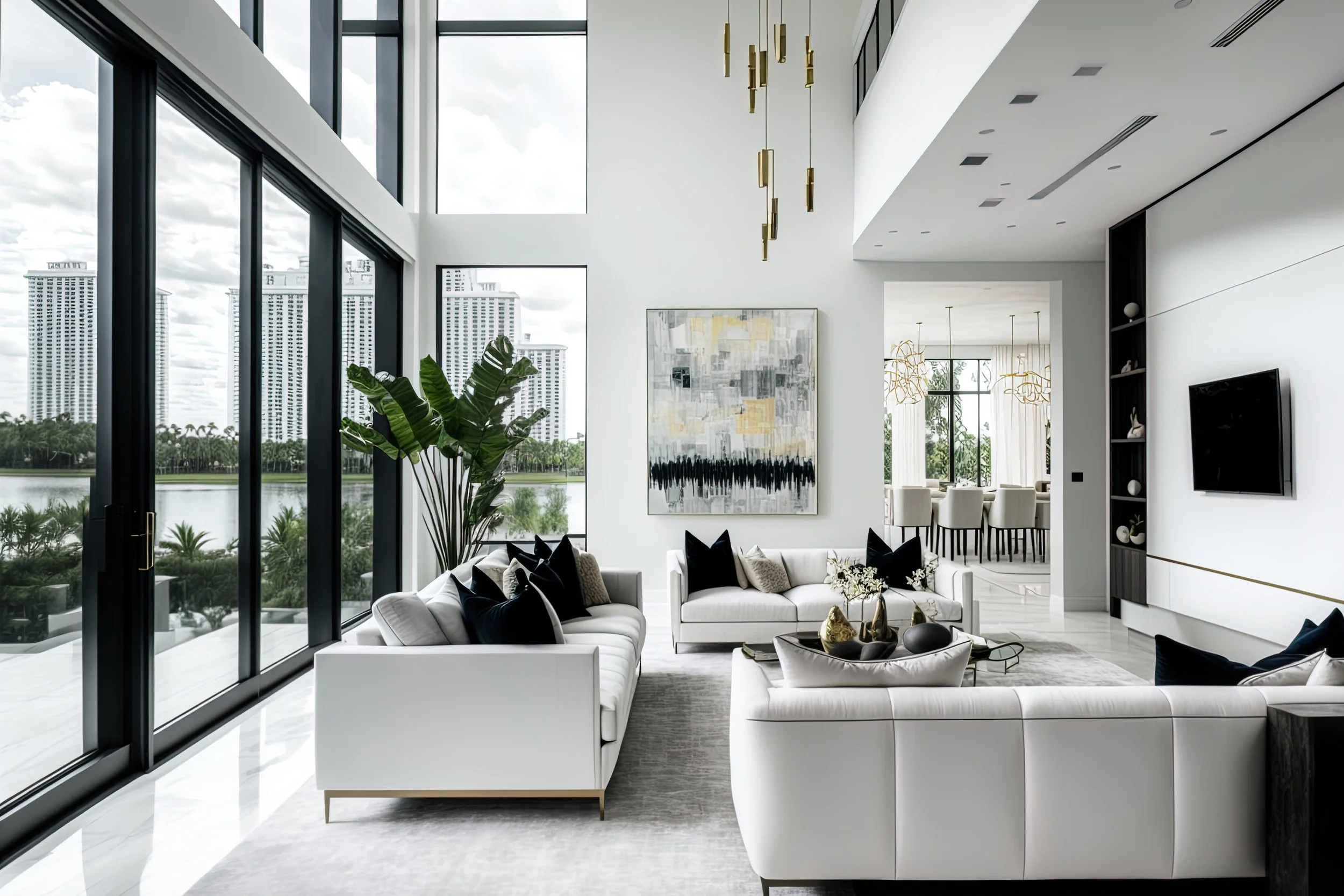 Modern living room with large floor-to-ceiling windows, white sofas with black and beige pillows, a marble coffee table, modern abstract artwork on the wall, and potted greenery, overlooking a cityscape with tall buildings and a river.
