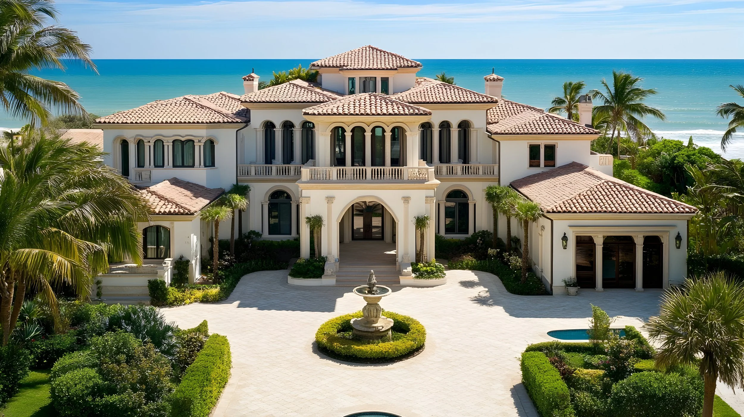 Large luxurious beachfront mansion with Mediterranean architecture, multiple roofs, palm trees, a central fountain, and ocean in the background.