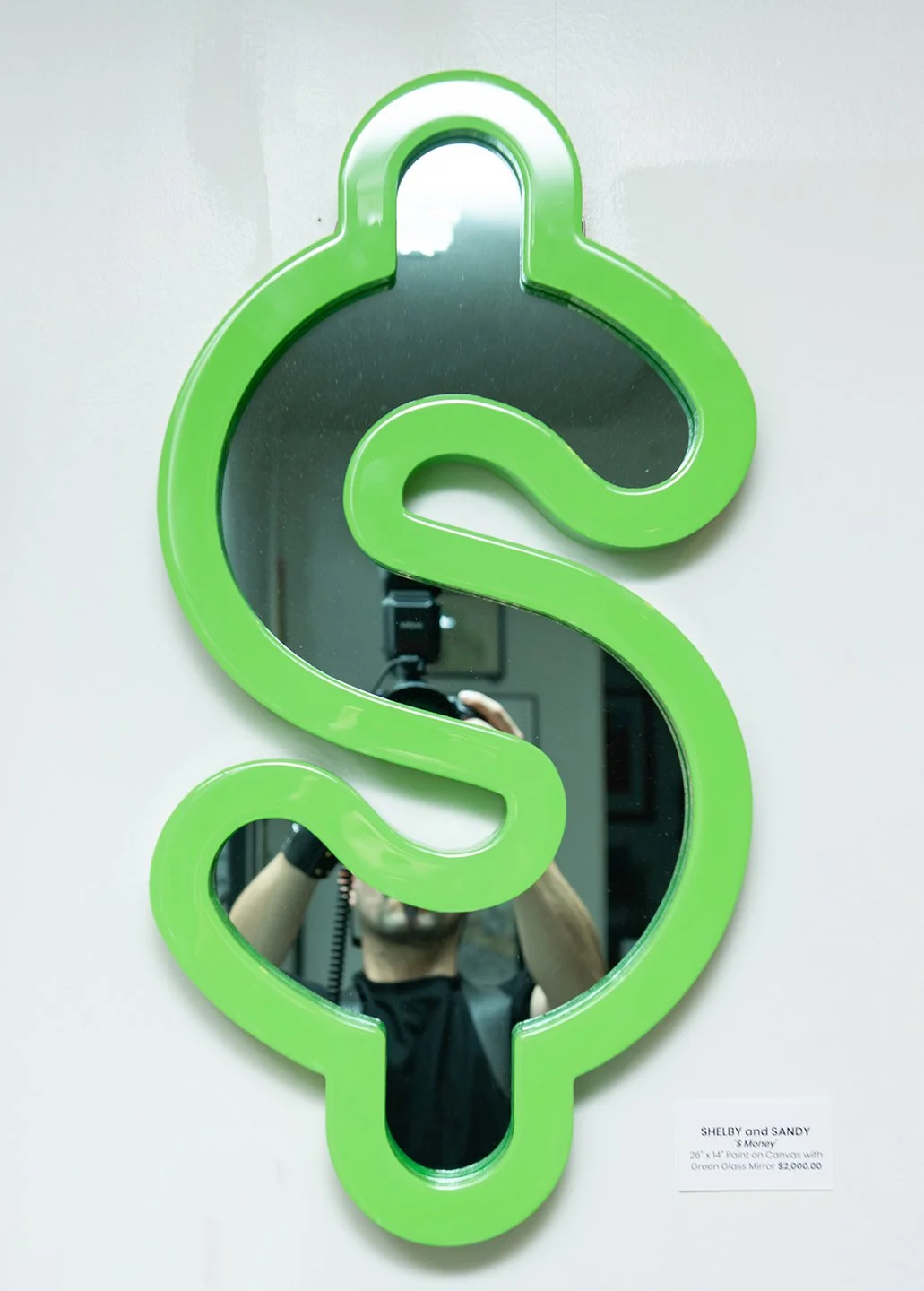 SHELBY and SANDY ‘$ Money’ 
26” x 14” paint on canvas with green glass mirror 