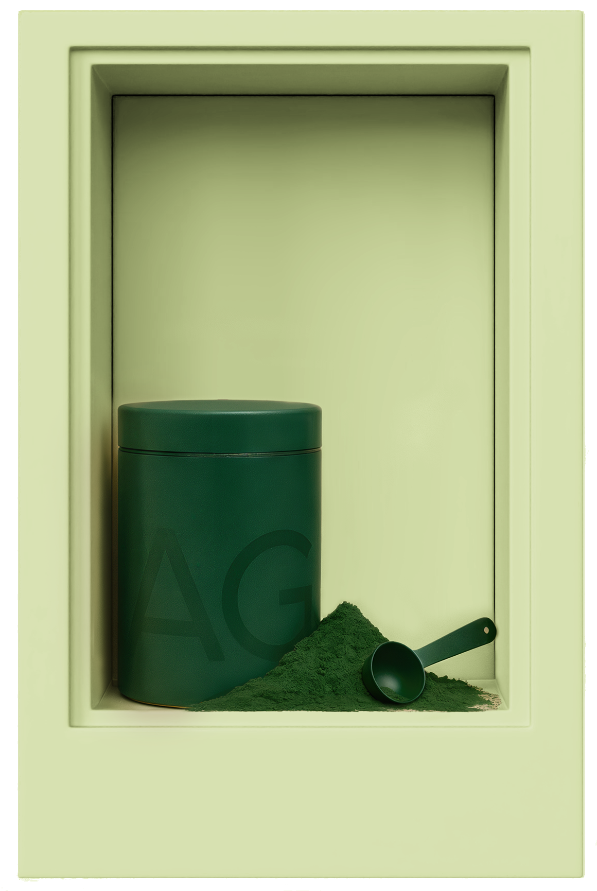 A green container with the word 'AGE' on it, accompanied by a small scoop and a pile of green powder inside a recessed display box.