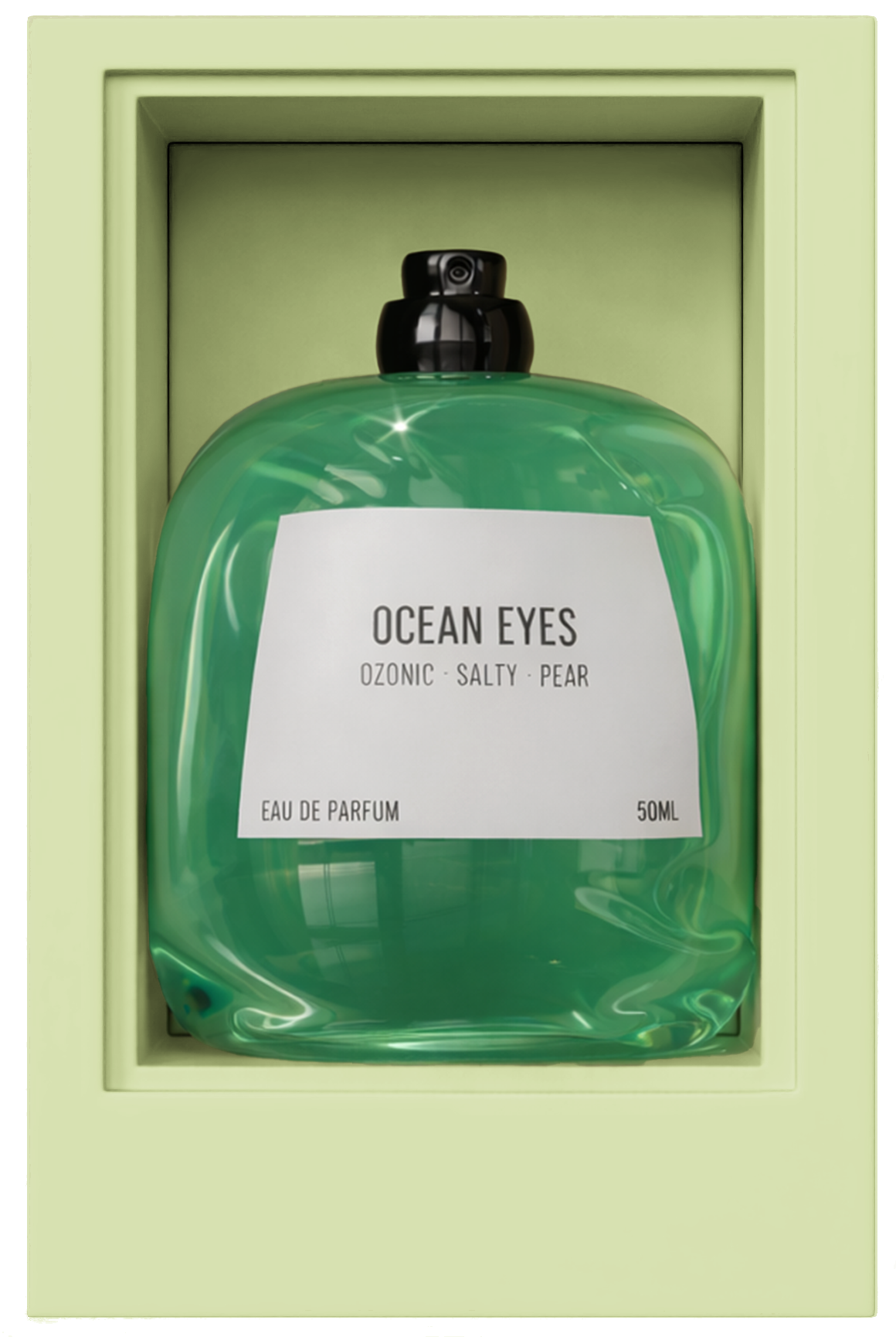 A green perfume bottle labeled 'Ocean Eyes' with scents described as ozonic, salty, and pear, in a green display box.