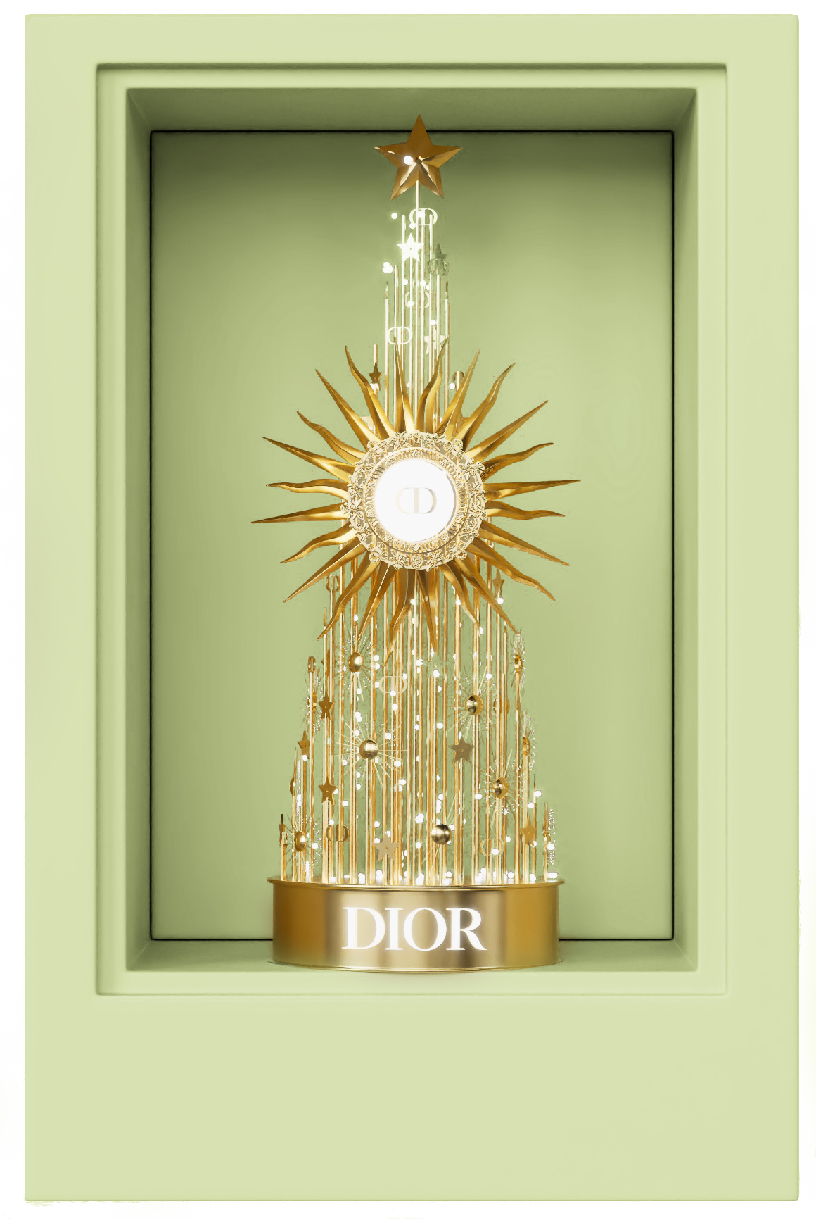 Decorative display featuring a large, golden star at the top, a sunburst design with a central mirror bearing the Dior logo, and a cascading arrangement of metallic stars and orbs. The display is framed by a light green wall with a base that prominen