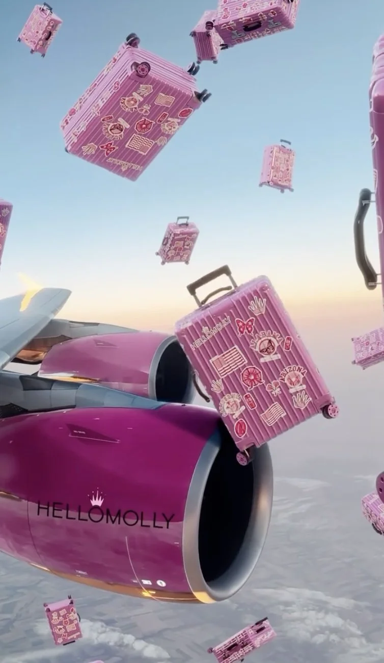 Hello Molly branded image with pink luggage with stickers flying near an airplane wing against a sky background.