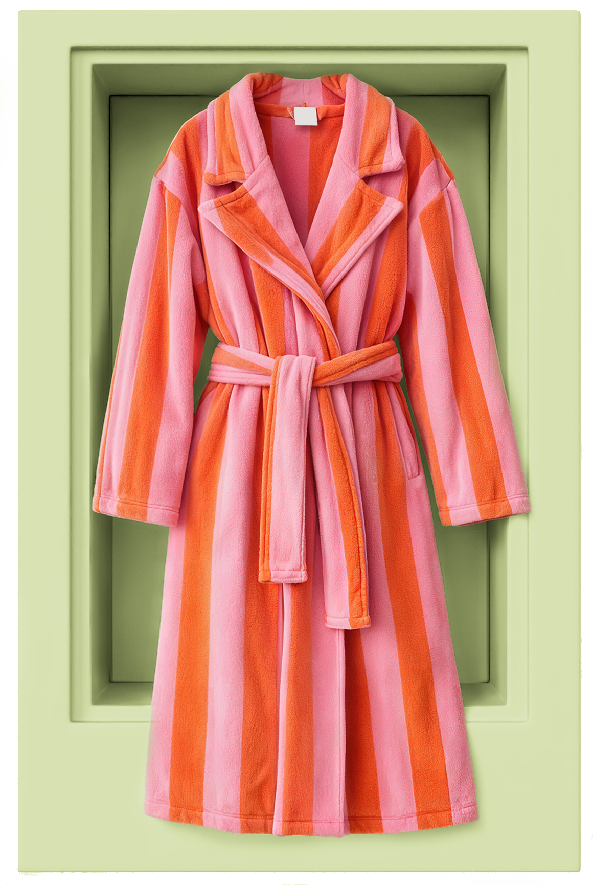 Pink and orange striped bathrobe hanging on a green wall