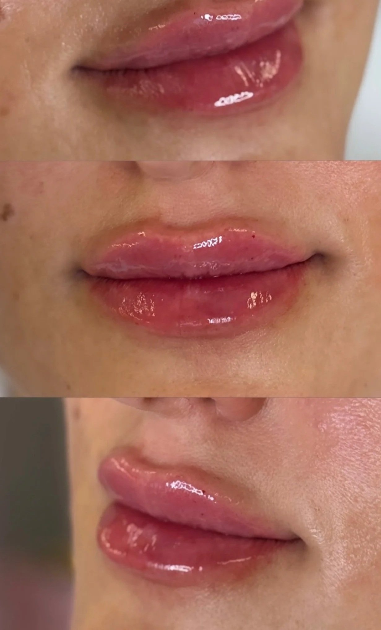 Close-up of lips from three different angles with glossy pink lip gloss.