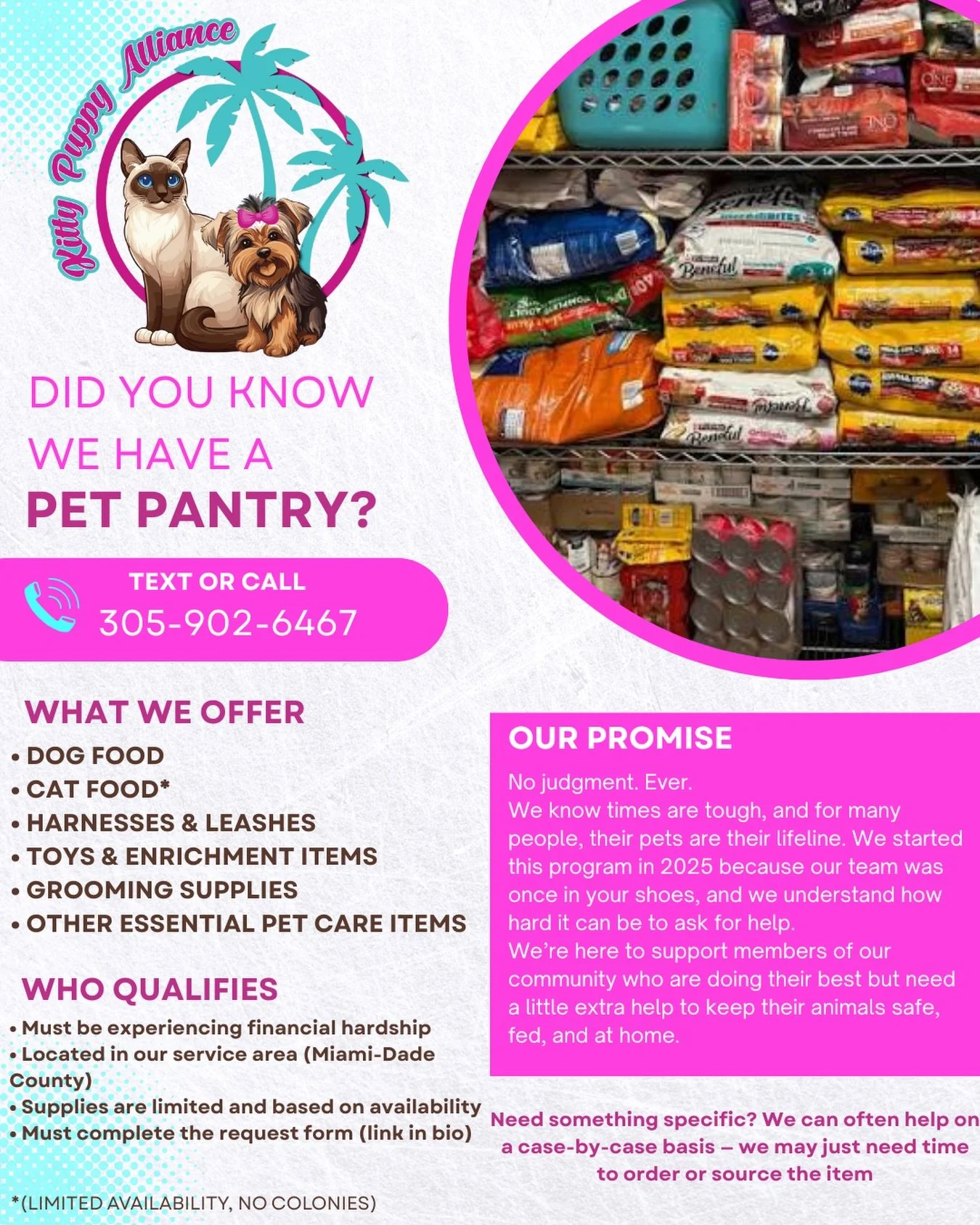 When times get tough, no one should have to choose between feeding themselves and feeding their pet.

Our Pet Pantry is here to support you, at zero cost 🤍
If you&rsquo;re in need of supplies, fill out our request form using the link in our bio (scr