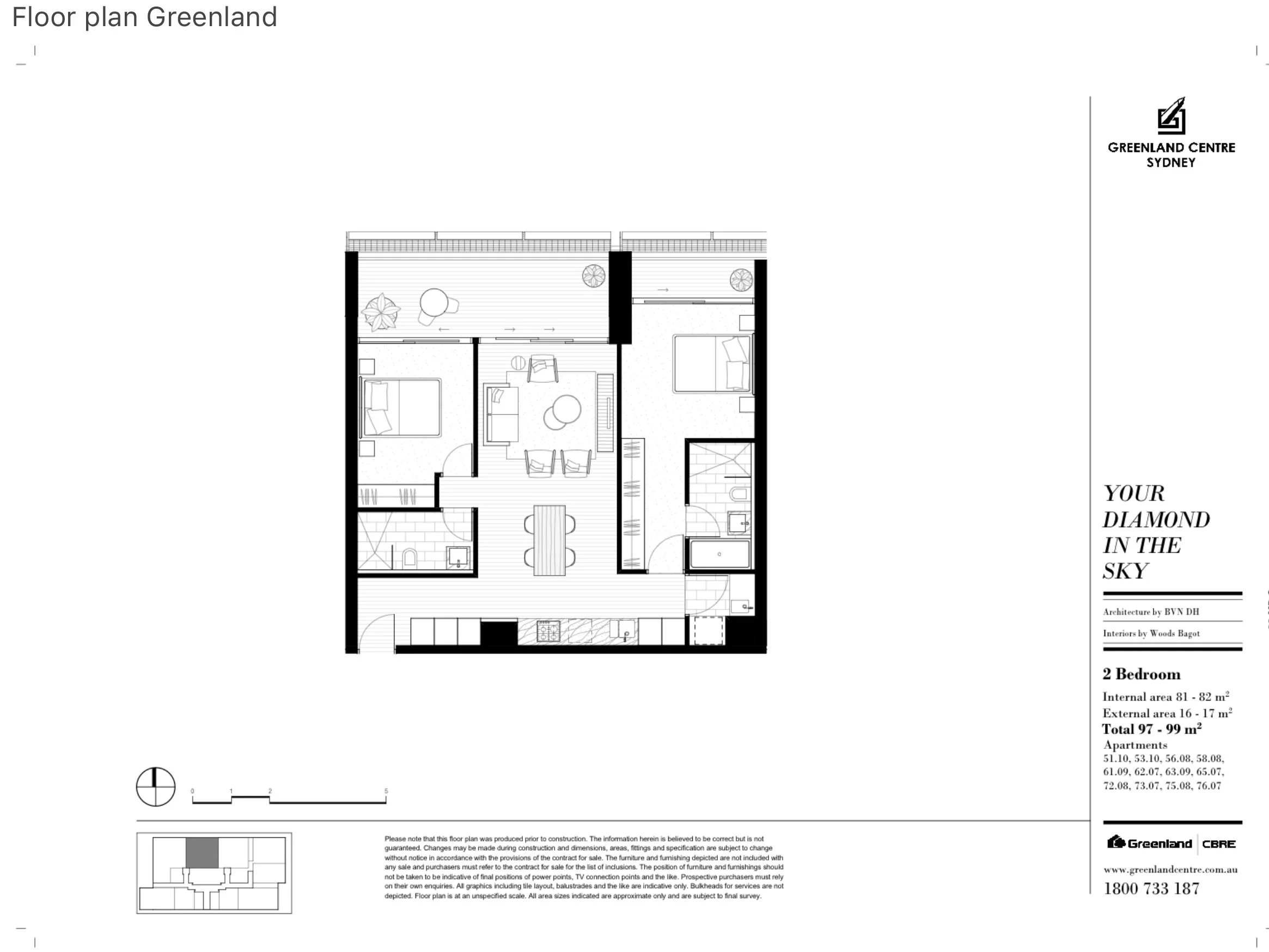 Floor plan of a two-bedroom apartment at Greenland Centre Sydney, showing layout with living room, kitchen, two bedrooms, bathroom, and balcony.