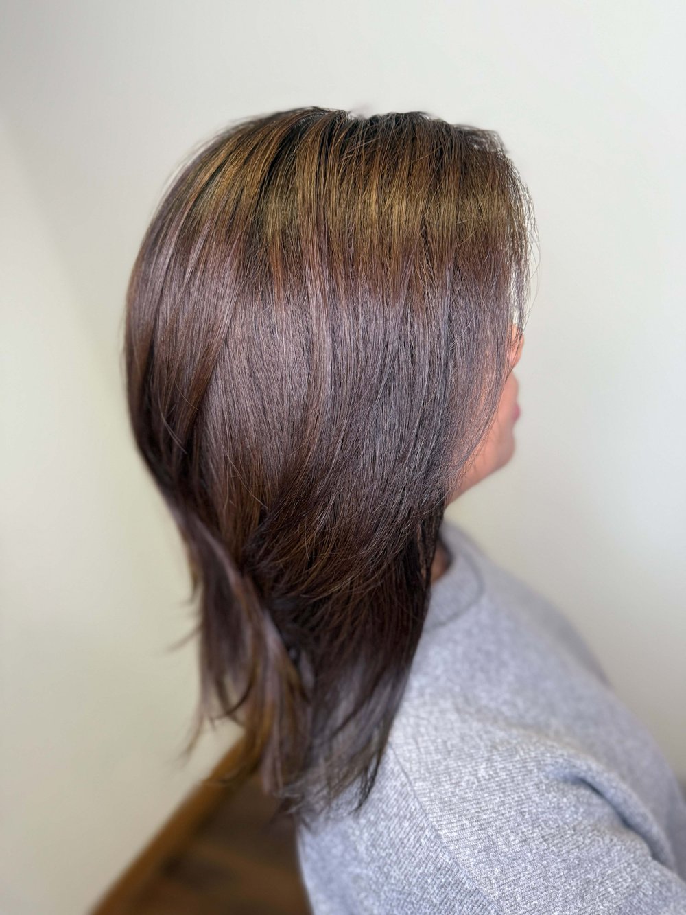 Layered brunette haircut with soft highlights