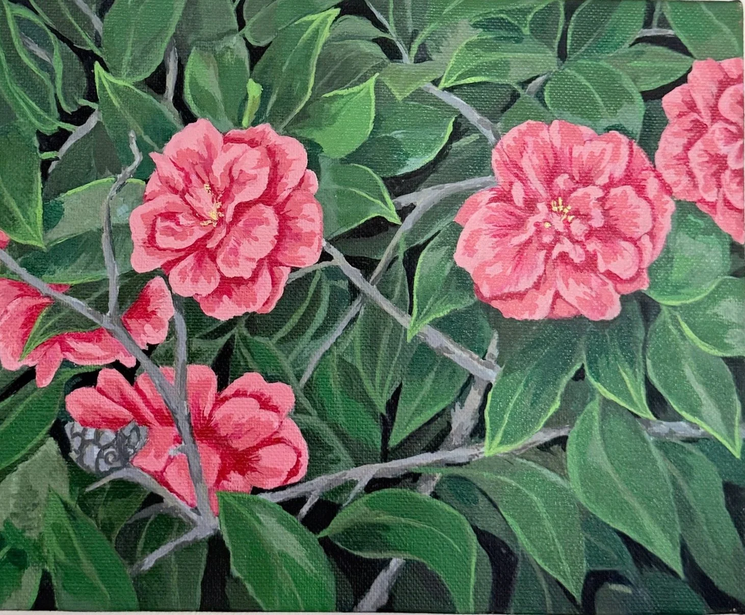Camellias in bloom - painting on canvas - 25.5 x 20.5 x 3.5 cm