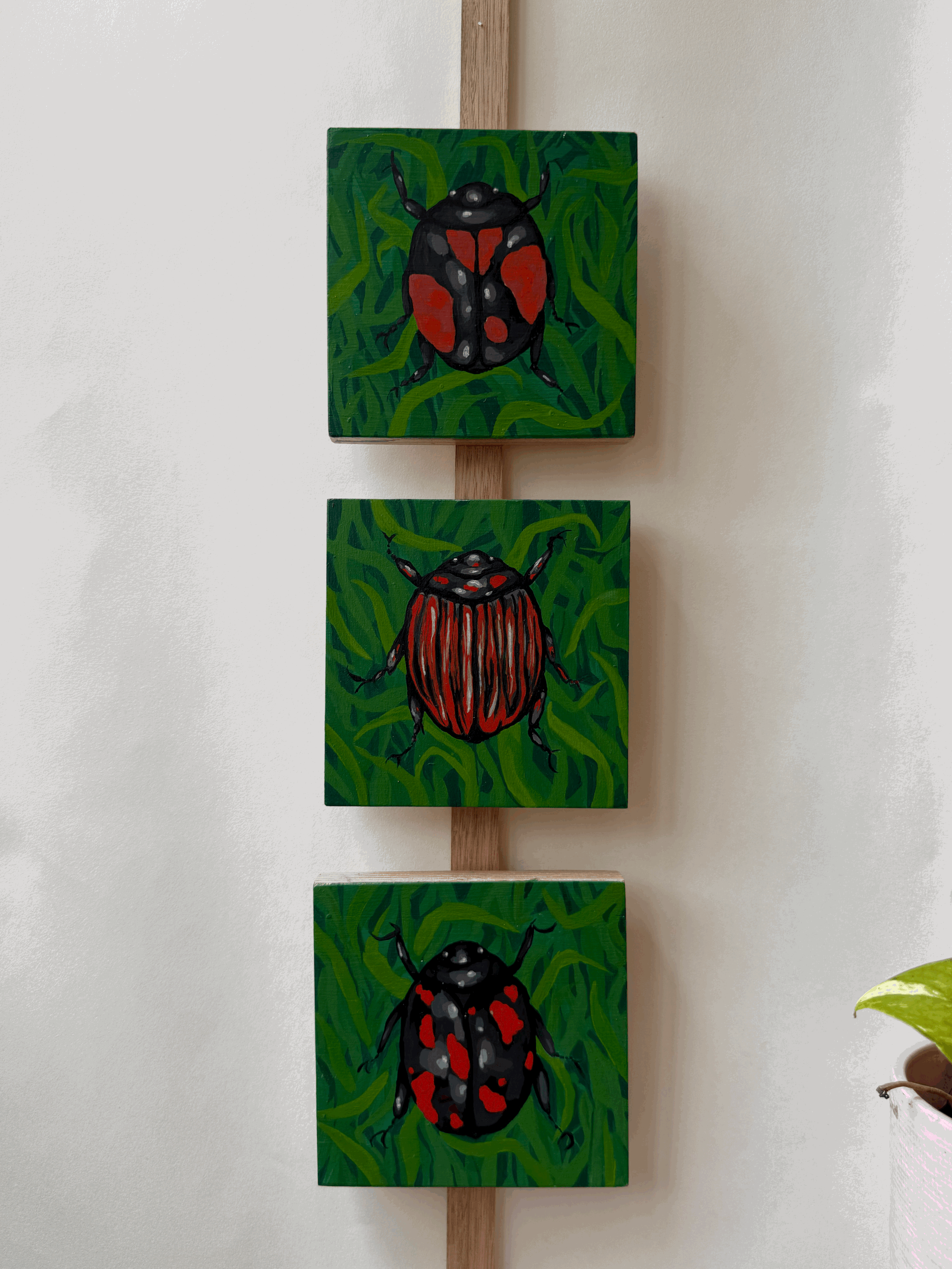 Beetle trio - 12 x 12 cm - Acrylic painting on wooden board