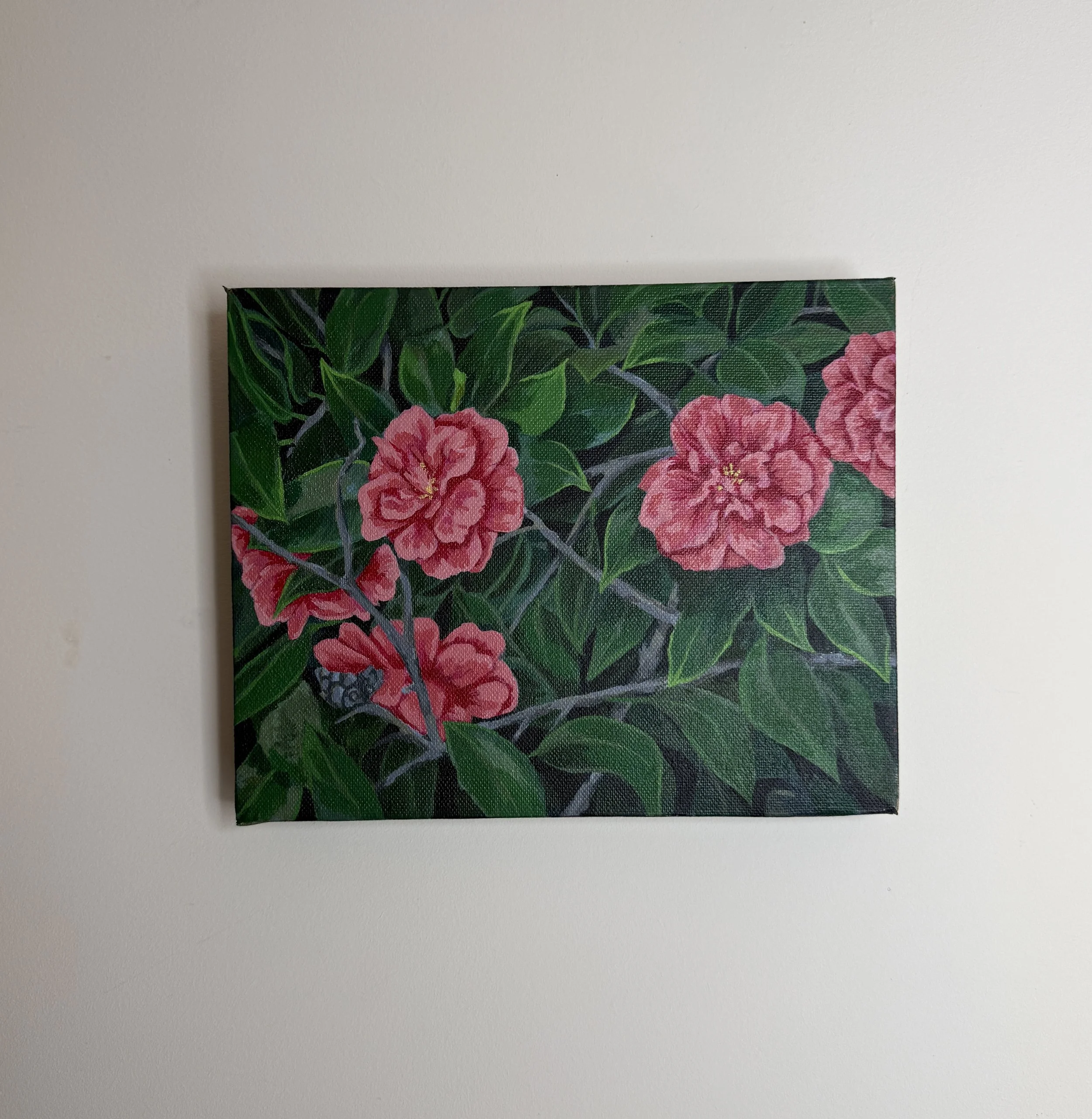 Camellias in bloom - painting on canvas - 25.5 x 20.5 x 3.5 cm