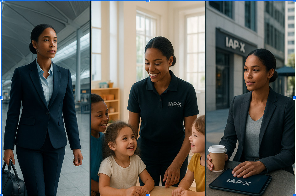 Three scenes: a professional woman in a navy suit with a briefcase at an airport, a woman smiling with children in a bright room, and a woman with sunglasses and a coffee outside a building with IAP-X branding.