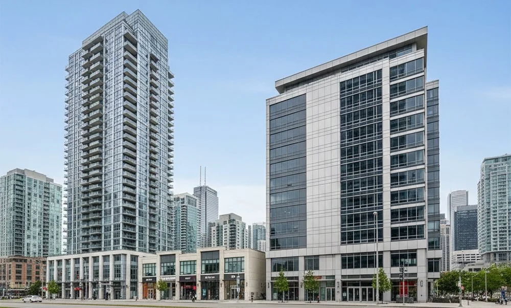Skyline of modern high-rise office and apartment buildings in a city, with a clear day and some trees at street level.