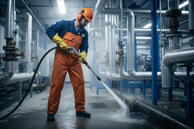 Juddco worker in safety gear cleaning industrial pipes with a high-pressure water hose