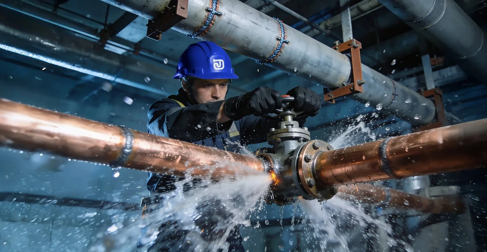 A Juddco worker on a Emergency call wearing a blue safety helmet and black gloves is operating a valve on a copper pipe beneath a network of industrial pipes, with water spraying from the pipe connection.