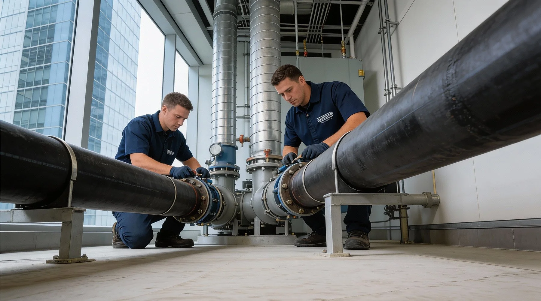 Two technicians working on large industrial pipes inside a modern building, with glass windows and ventilation ducts overhead.