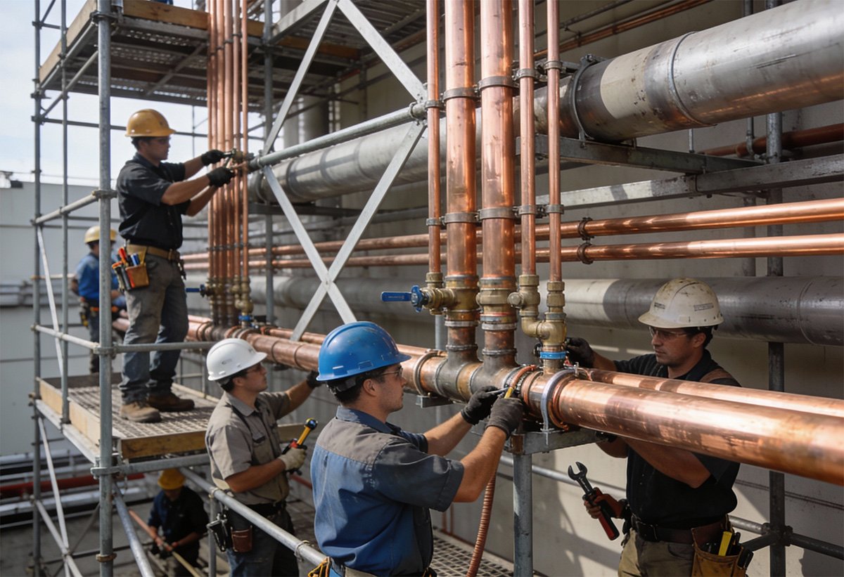 Juddco workers installing or repairing copper and metal pipes on scaffolding at a construction site.