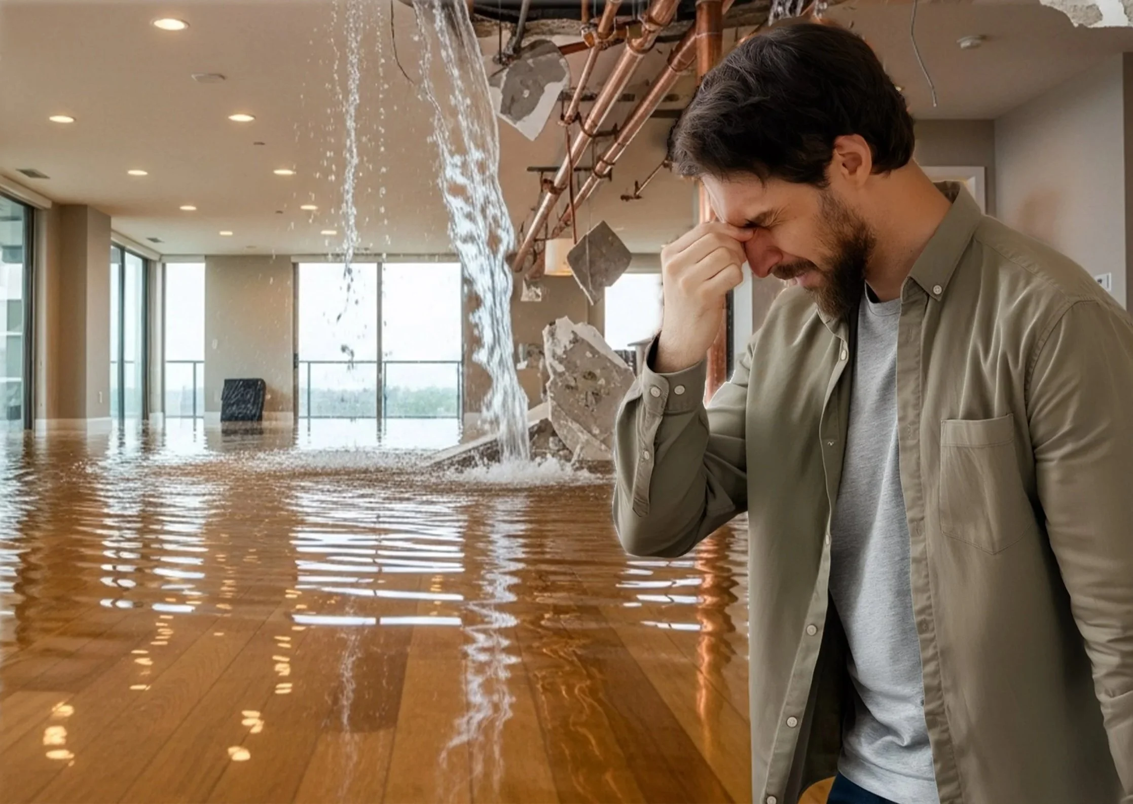 A man standing indoors with a distressed expression, holding his forehead, as water floods a room with wooden flooring, and debris and water pouring in through the ceiling.