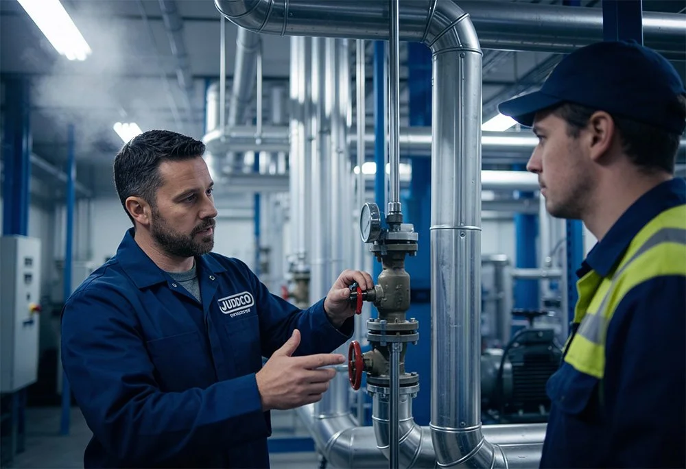 Two workers in safety uniforms working with pipes and valves in an industrial facility.