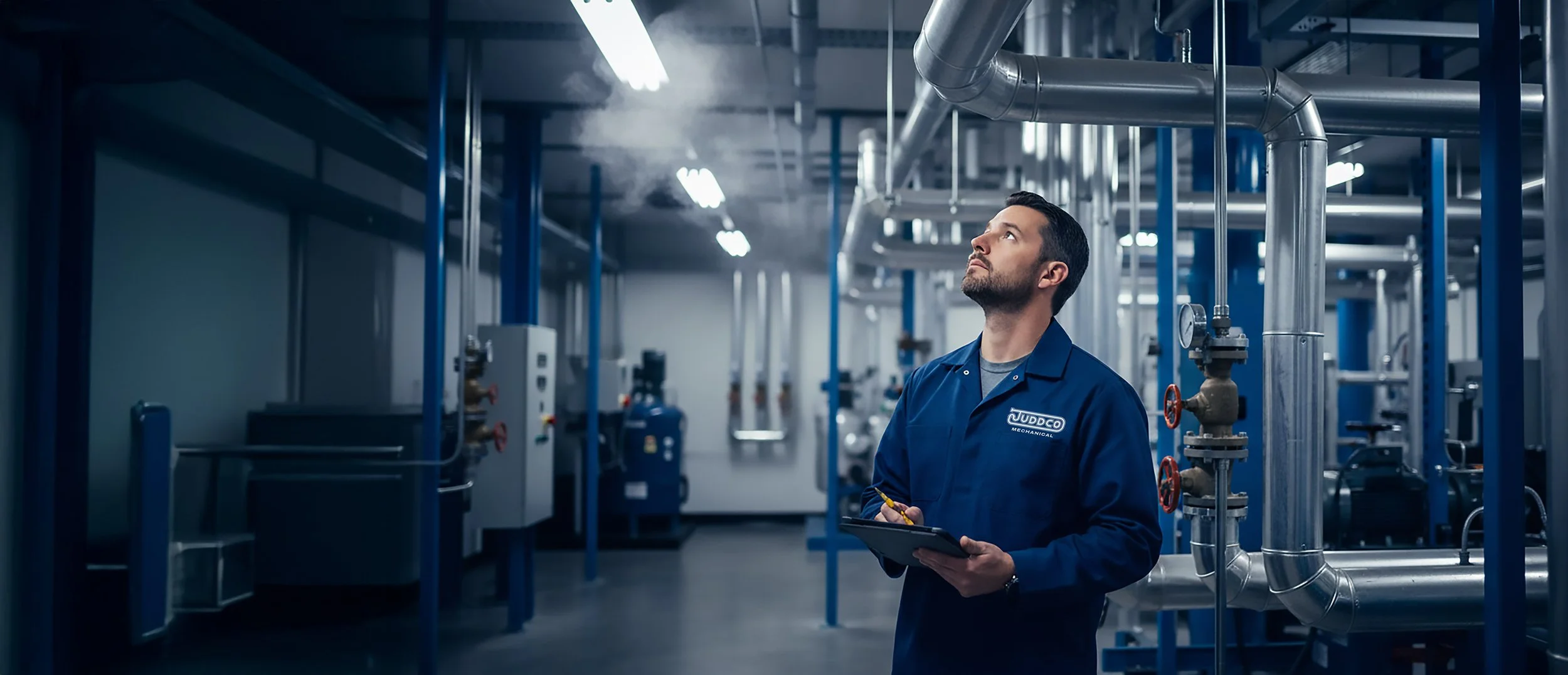 Commercial plumbing inspection by Juddco Mechanical technician in Toronto performing routine preventative maintenance on industrial piping