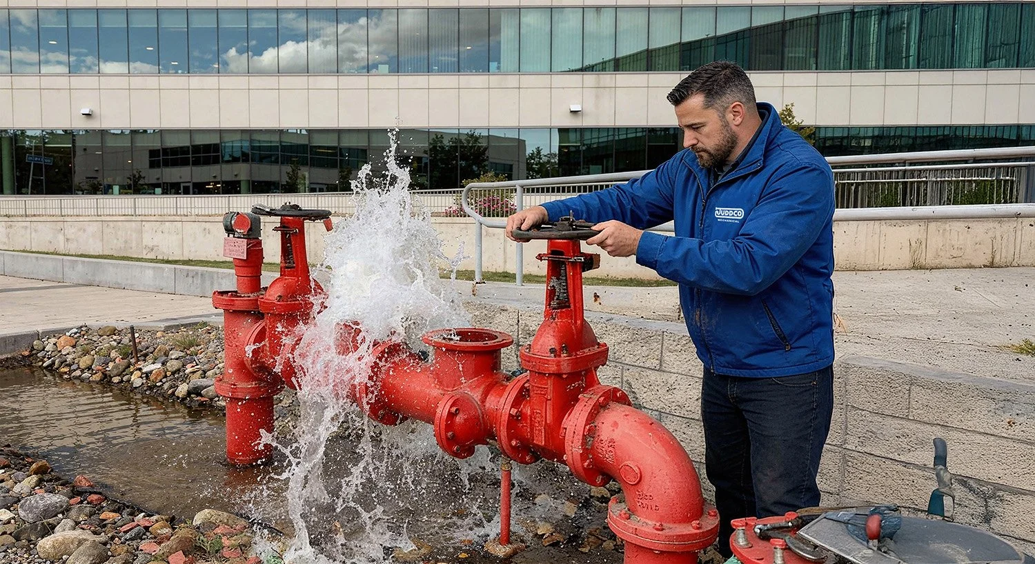 A man in a blue jacket repairs a fire hydrant outside a modern glass building, with water spraying from the open hydrant.