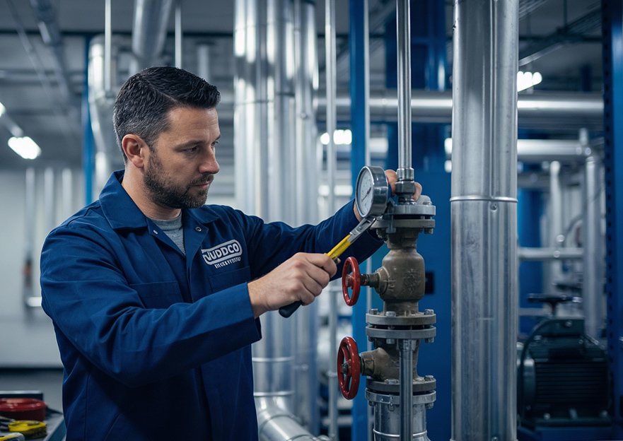 A male worker in a blue uniform inspecting industrial pipes in a factory or plant.