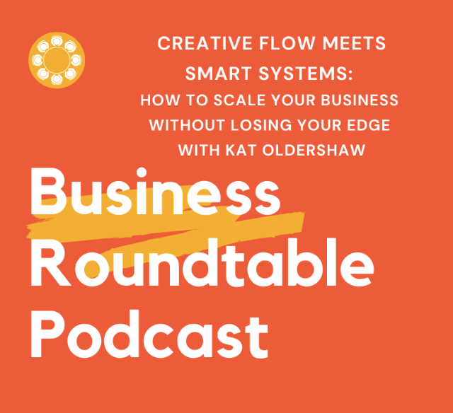 Red podcast cover with white and yellow text reading 'Business Roundtable Podcast' and additional details about a business-focused discussion on scaling and system smart strategies, featuring Kat Oldershaw.