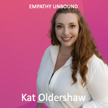 A woman with long curly hair smiling in front of a pink background with the text 'EMPATHY UNBOUND' and 'Kat Oldershaw'.