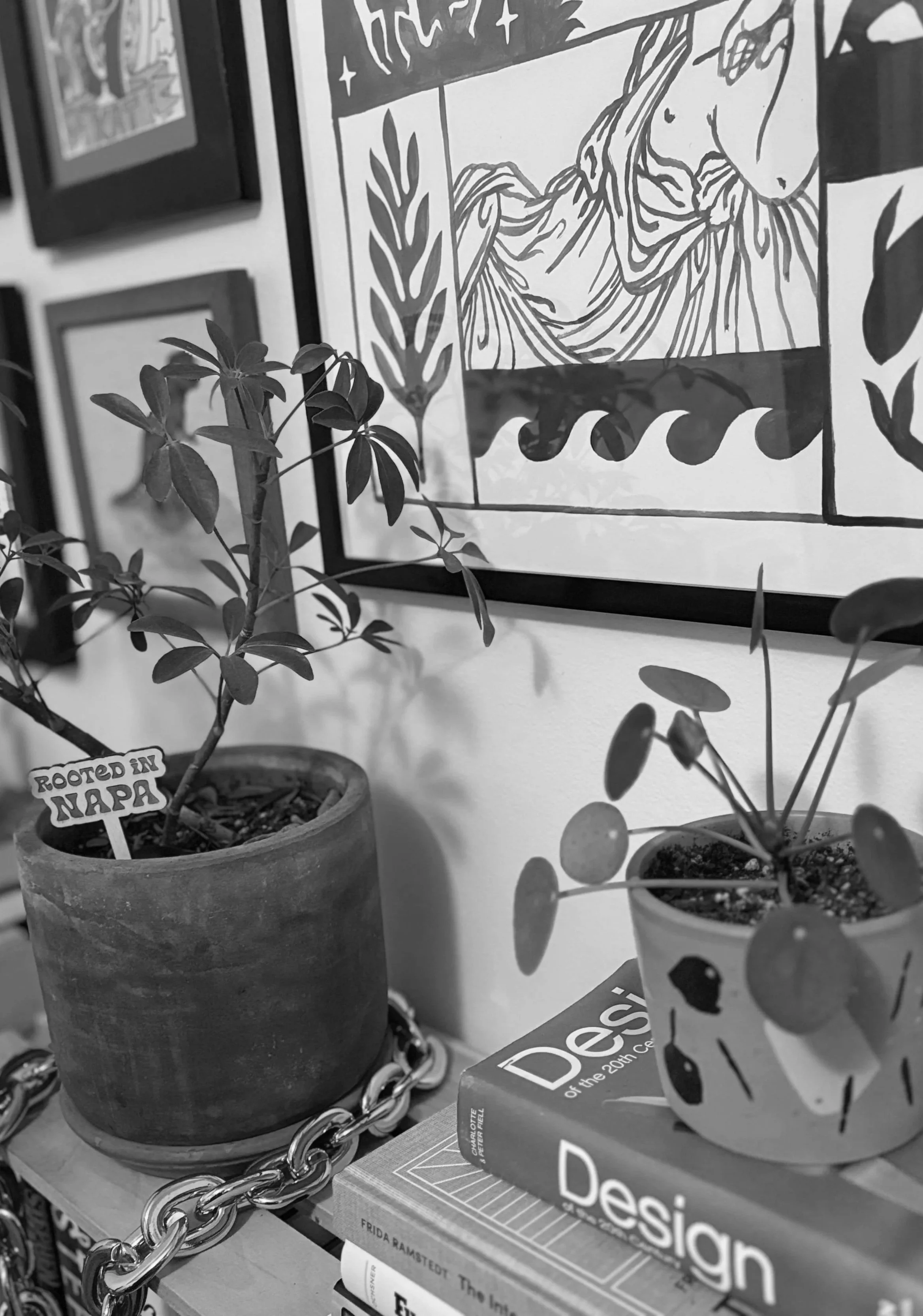 Black and white photo of a wall with framed artwork and two potted plants on a table. One plant has a sign that reads 'Rooted in Napa'. There are books about design on the table.