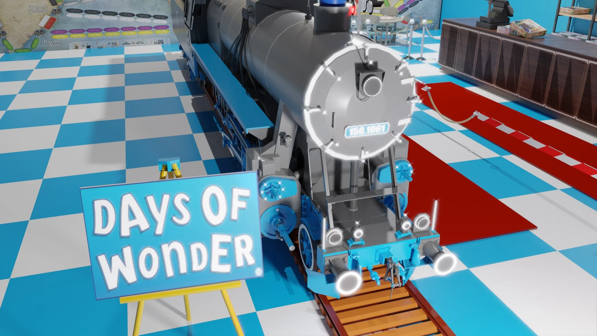 This is a mock-up for a Days of Wonder booth a board game show using free assets. The goal was to practice quickly building 3D environments for concepting.