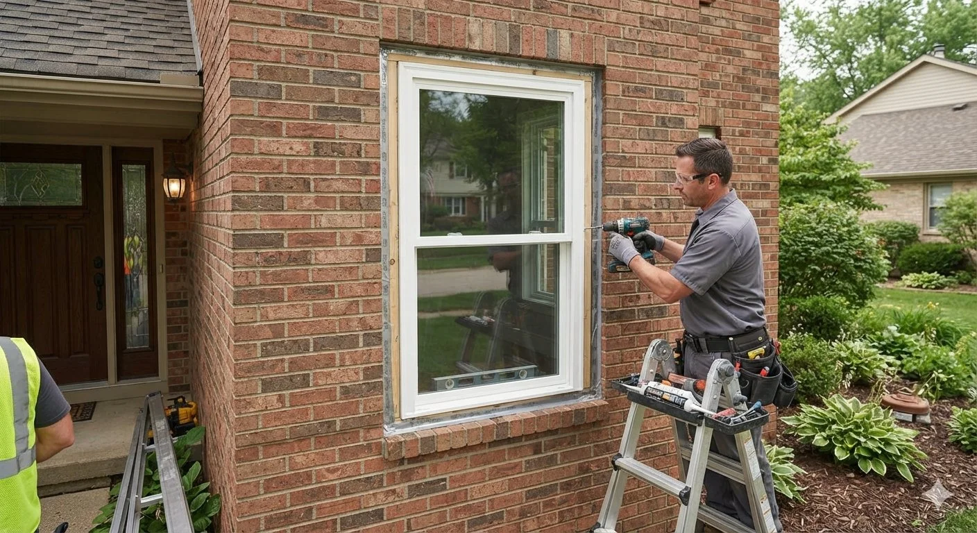A man installing or repairing a double-pane window on a brick house using a cordless drill. He is standing on a small stepladder with a toolbox nearby. Another person, partly visible, is standing next to him. The house is surrounded by greenery and neighboring houses are visible in the background.
