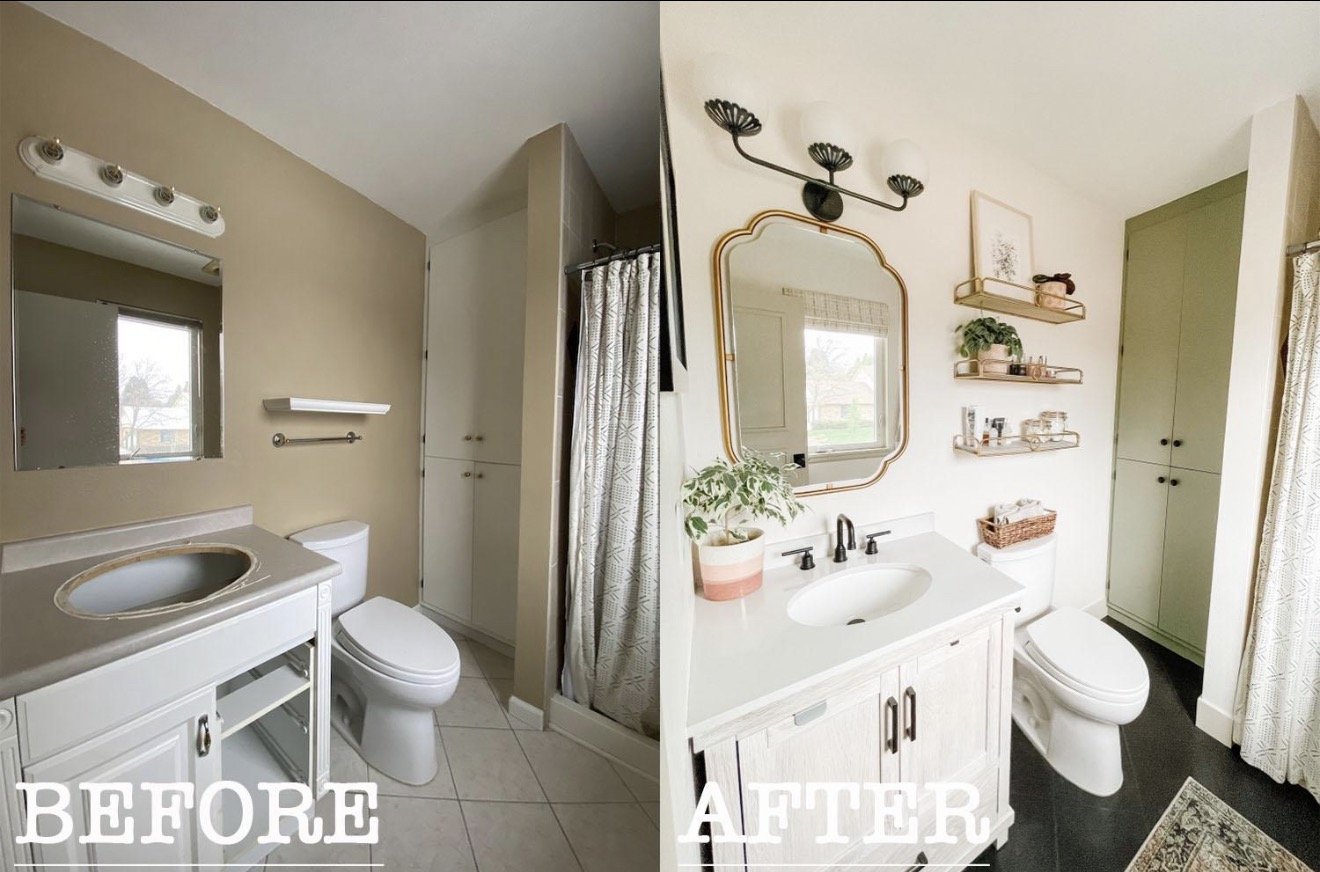Side-by-side comparison of a bathroom before and after renovation; the before image shows a plain bathroom with beige walls, a mirror, and a basic vanity, while the after image features a updated bathroom with a white vanity, a decorative mirror, wal