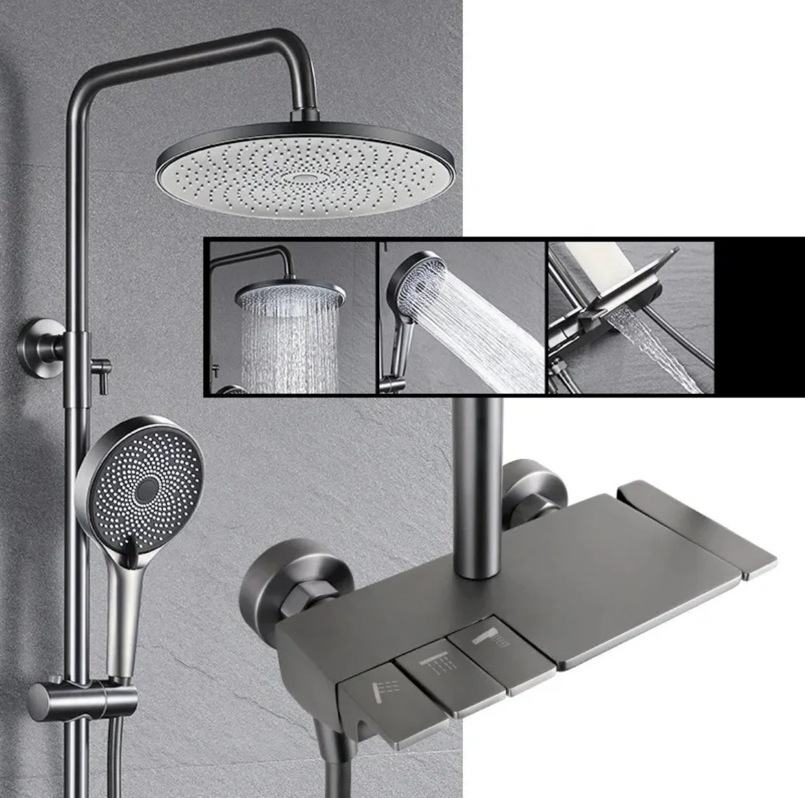 A modern shower system with a large rain showerhead, a handheld showerhead, and a detachable water spray nozzle, all in brushed nickel finish.