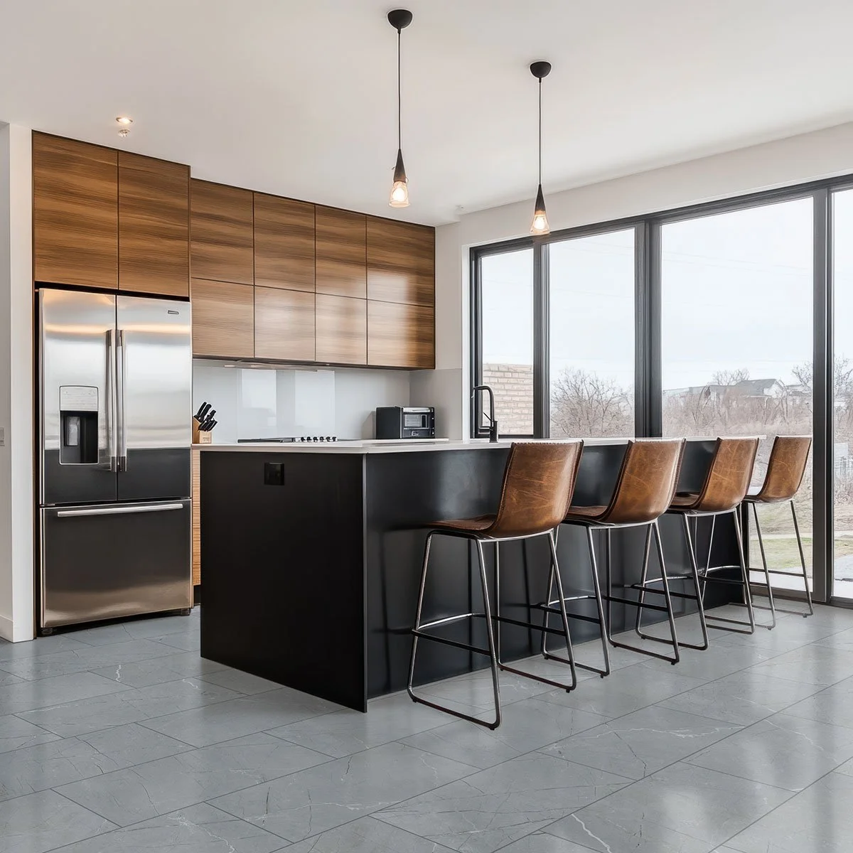 Modern kitchen with black island, brown leather chairs, wooden cabinets, large windows, and stainless steel refrigerator.