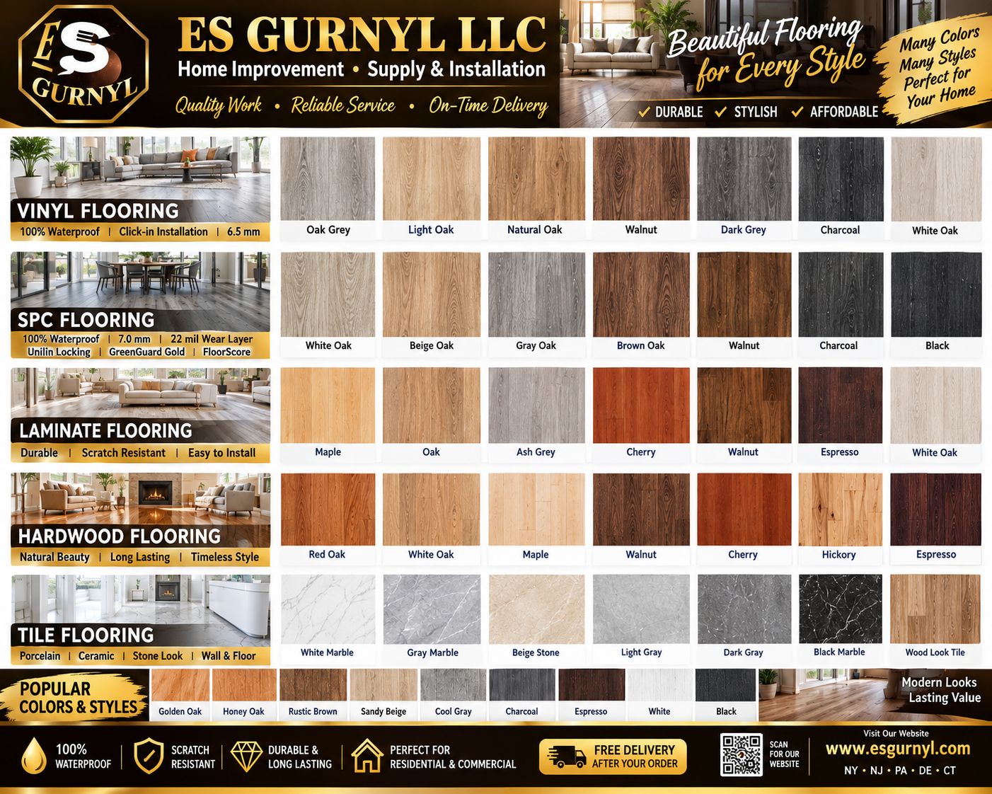 A color chart for different types of flooring including vinyl, SPC, laminate, hardwood, and tile, with a variety of wood, marble, and stone finishes. The chart also highlights popular colors and styles, emphasizing features like waterproof, scratch resistant, durable, and easy to install.