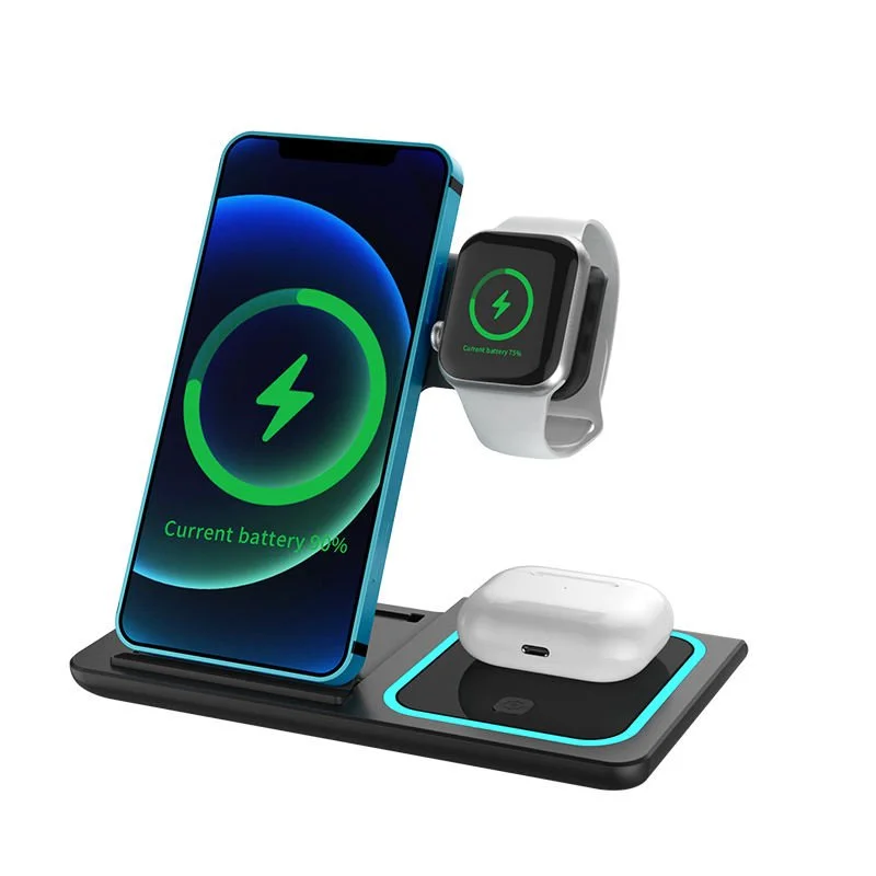 Wireless charging stand with a smartphone, smartwatch, and earbuds, all charging with battery indicators displayed.