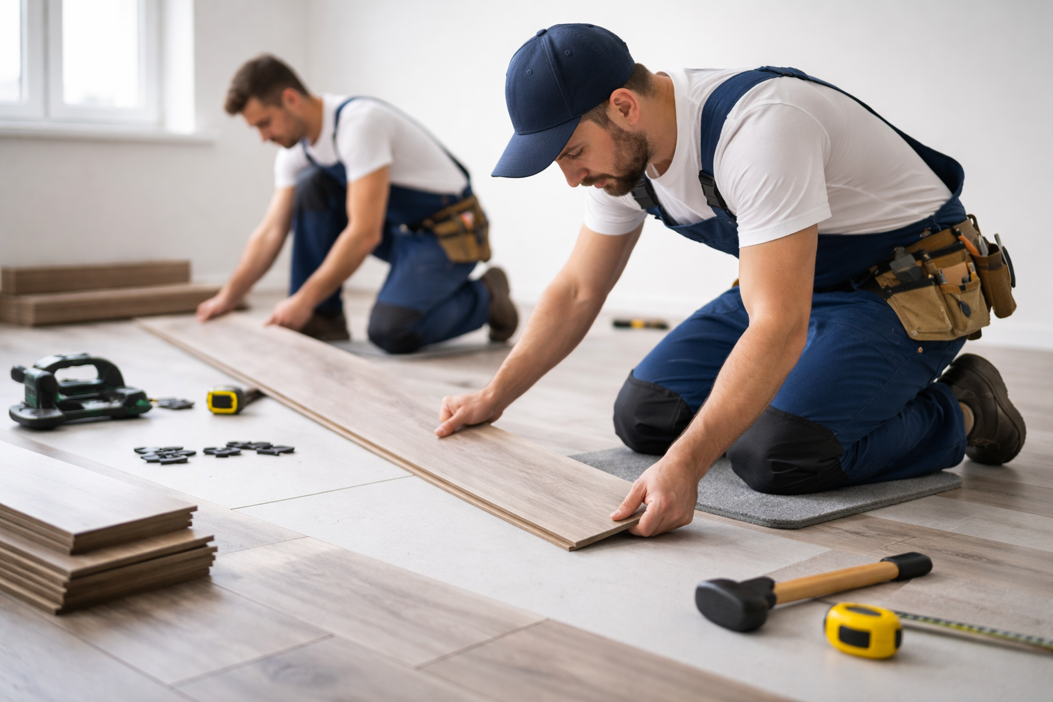 Two workers kneeling on the floor installing wooden flooring, with tools and materials around them.
